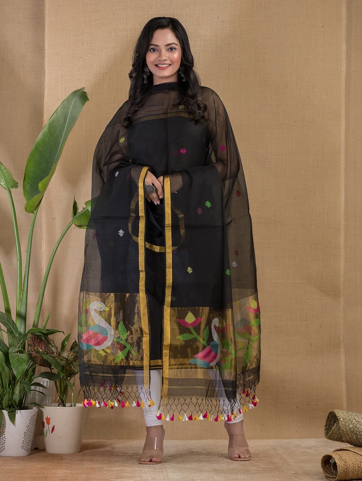 Paithani Muslin Jamdani Suit Set- Jade Black