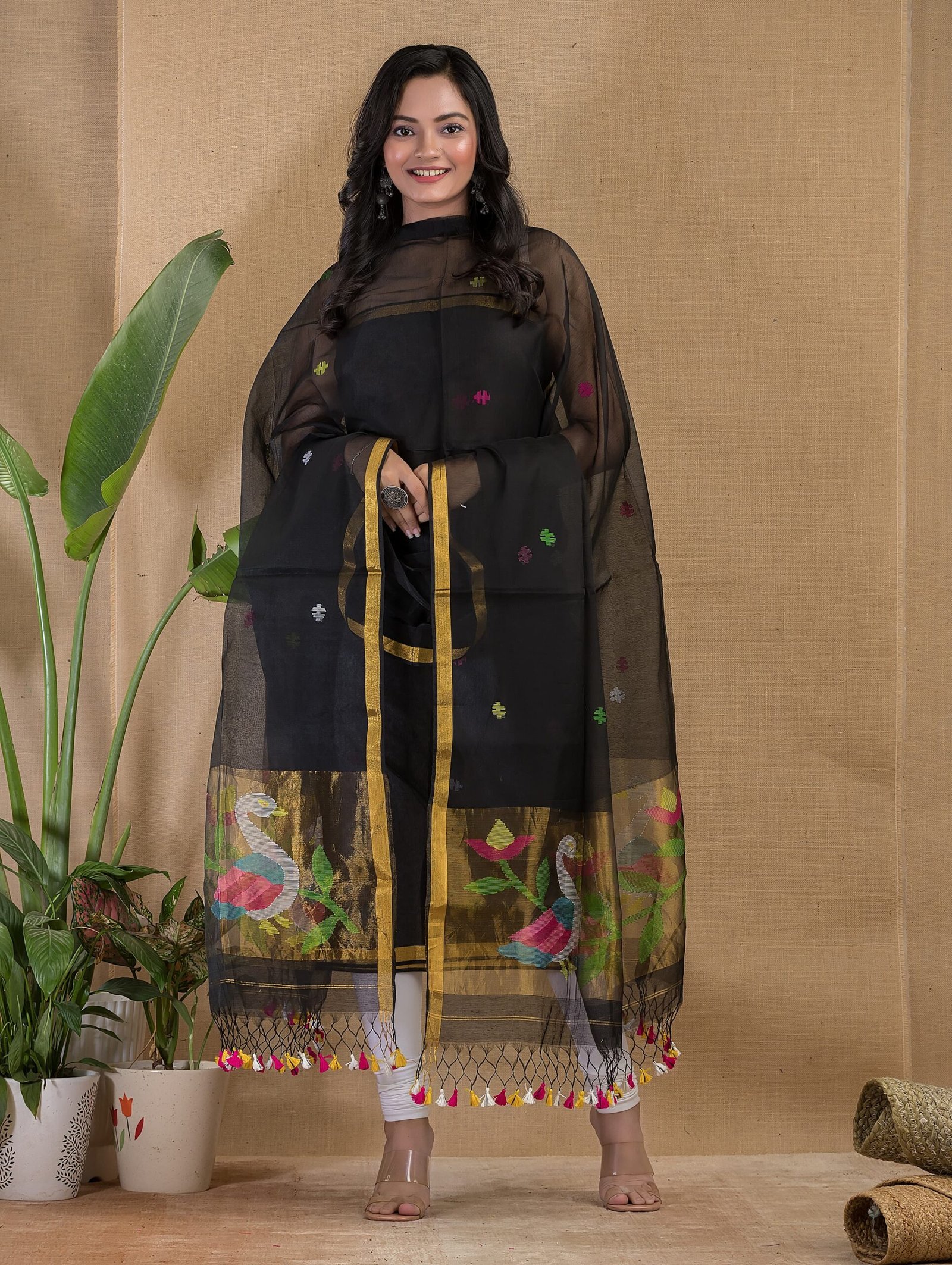 Paithani Muslin Jamdani Suit Set- Jade Black