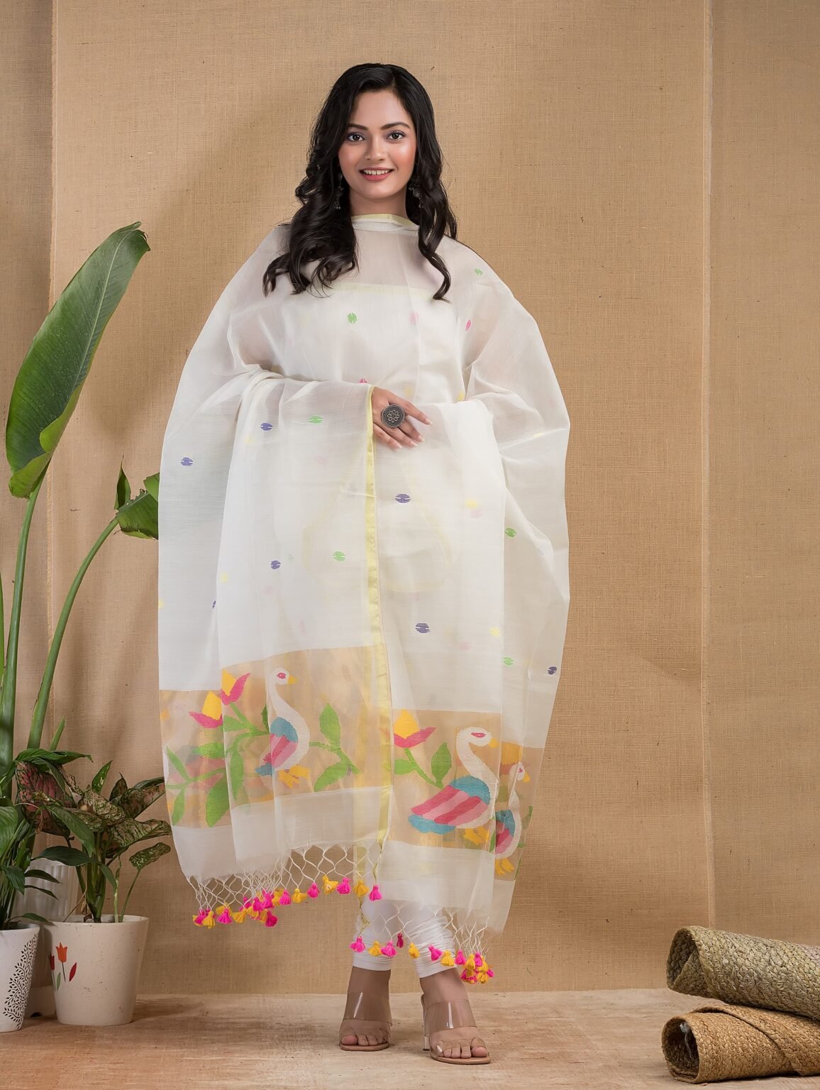 WHITE WITH BIRDS PAITHANI MUSLIN JAMDANI SET