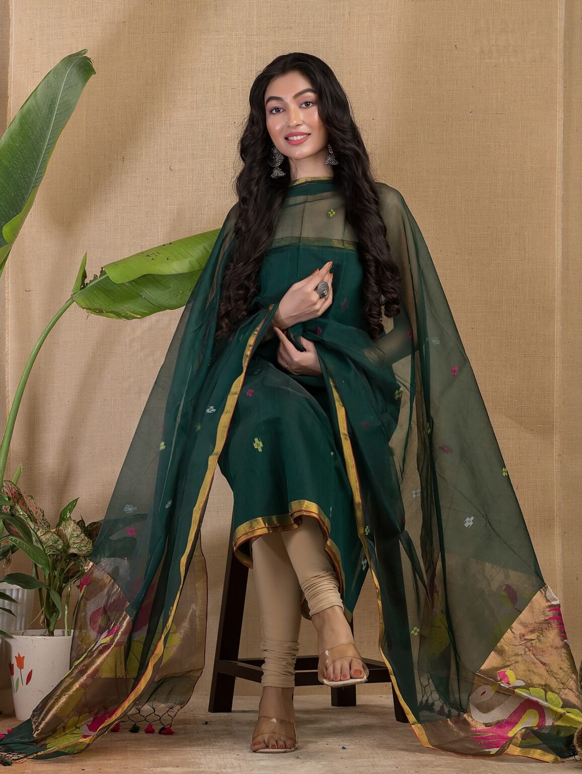 BOTTLE GREEN PAITHANI MUSLIN JAMDANI SET