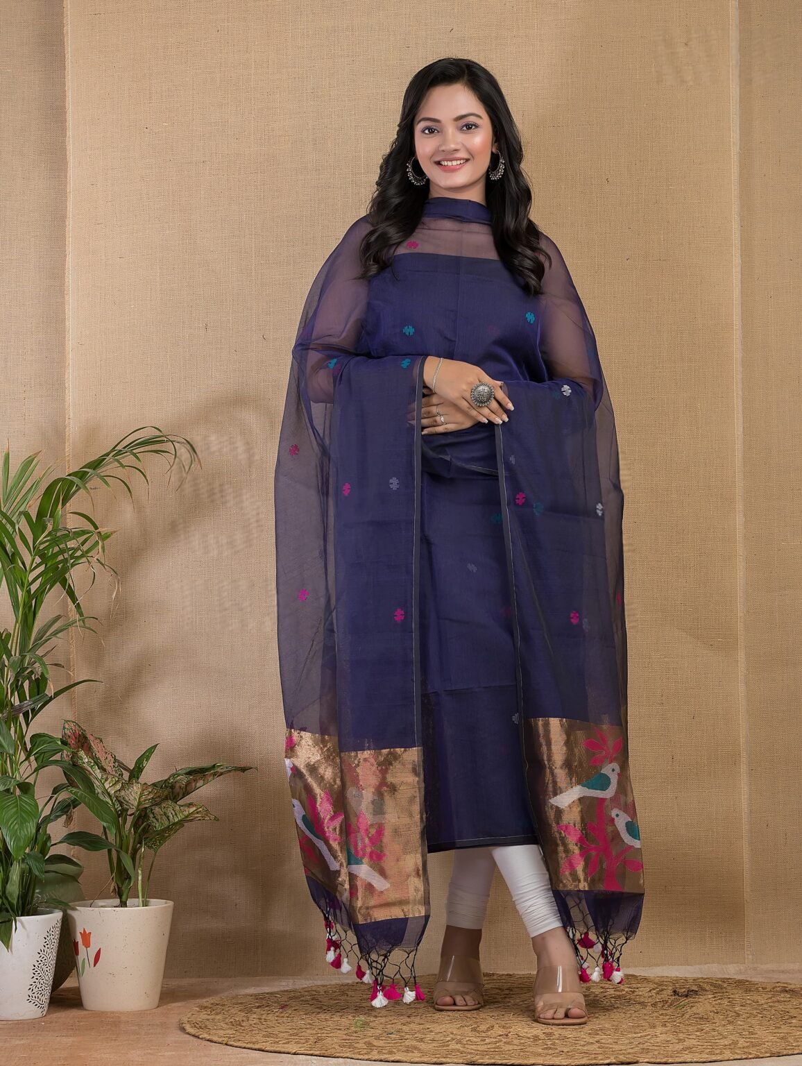 JADE BLUE PAITHANI MUSLIN JAMDANI SET