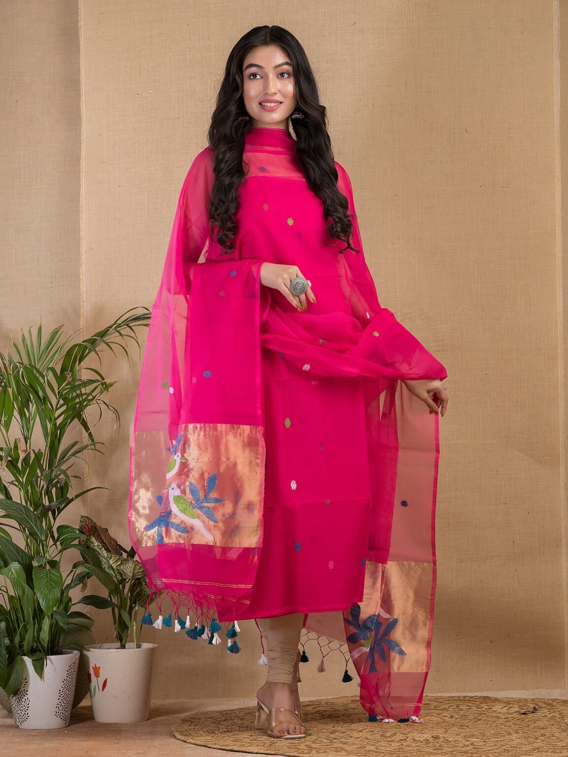 ELEGANT PINK PAITHANI MUSLIN JAMDANI SET